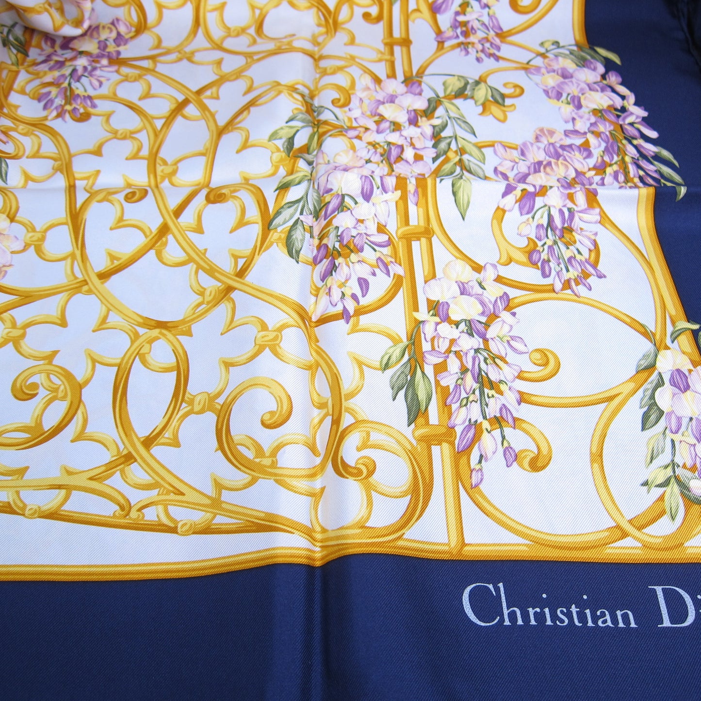 Christian Dior Vintage Ornate Gold Gate & Floral Print Silk Scarf
