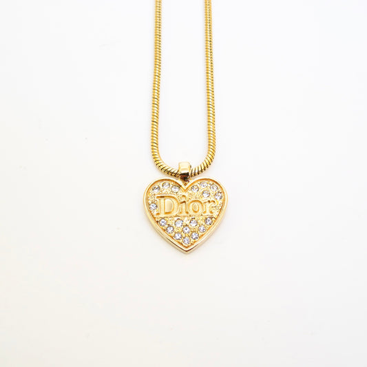 Christian Dior Vintage Dior Logo on Heart with Rhinestone Golden Necklace