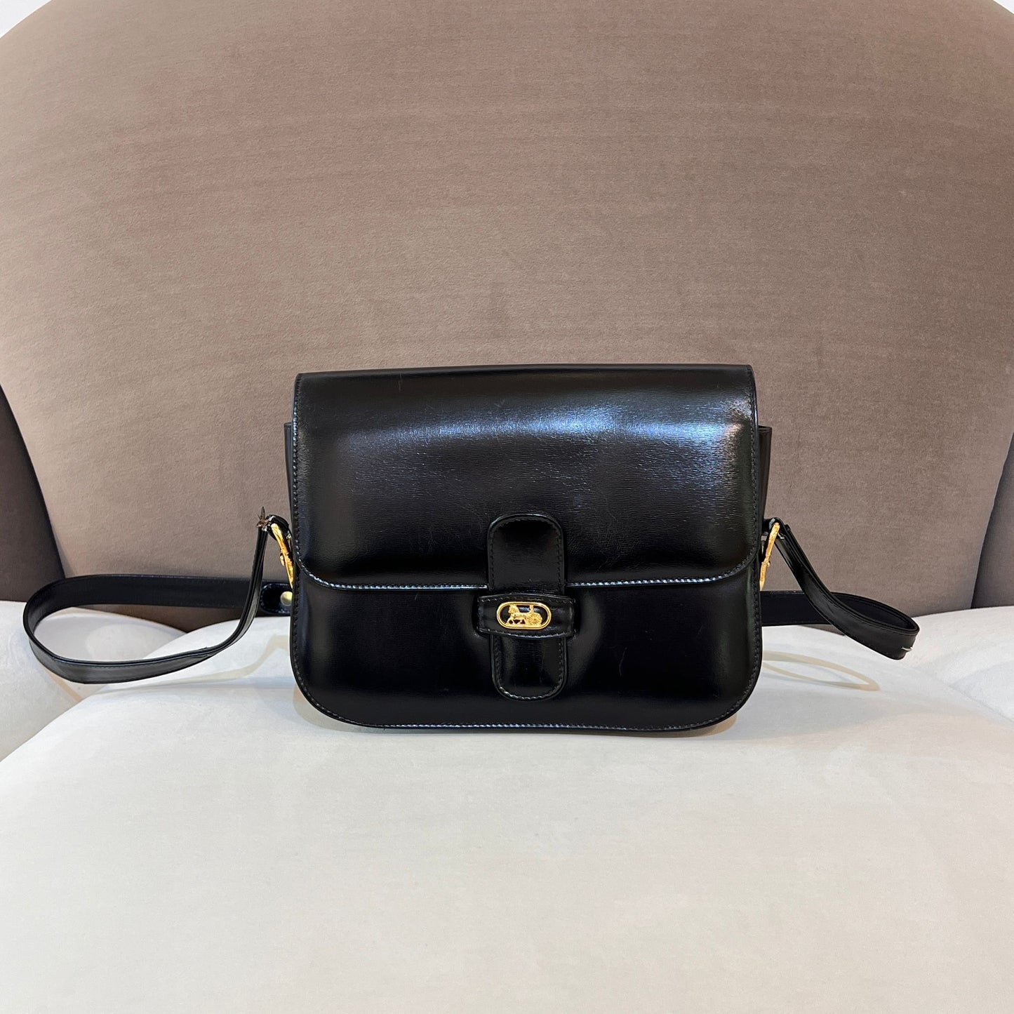 Celine Vintage Horse Carriage Black Leather Shoulder Bag