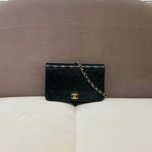 Chanel Vintage Golden Cc Logo With Black Calfskin Single Flap Handbag With Chain