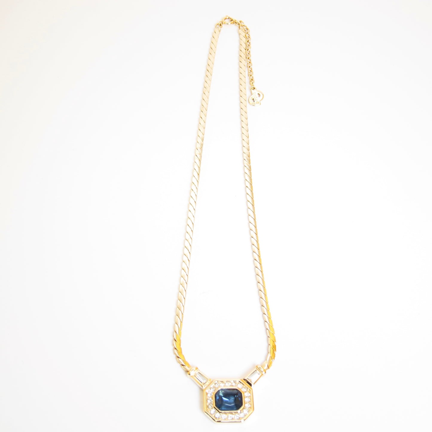 Christian Dior Vintage Octagon Blue Stone and Rhinestone Golden Necklace