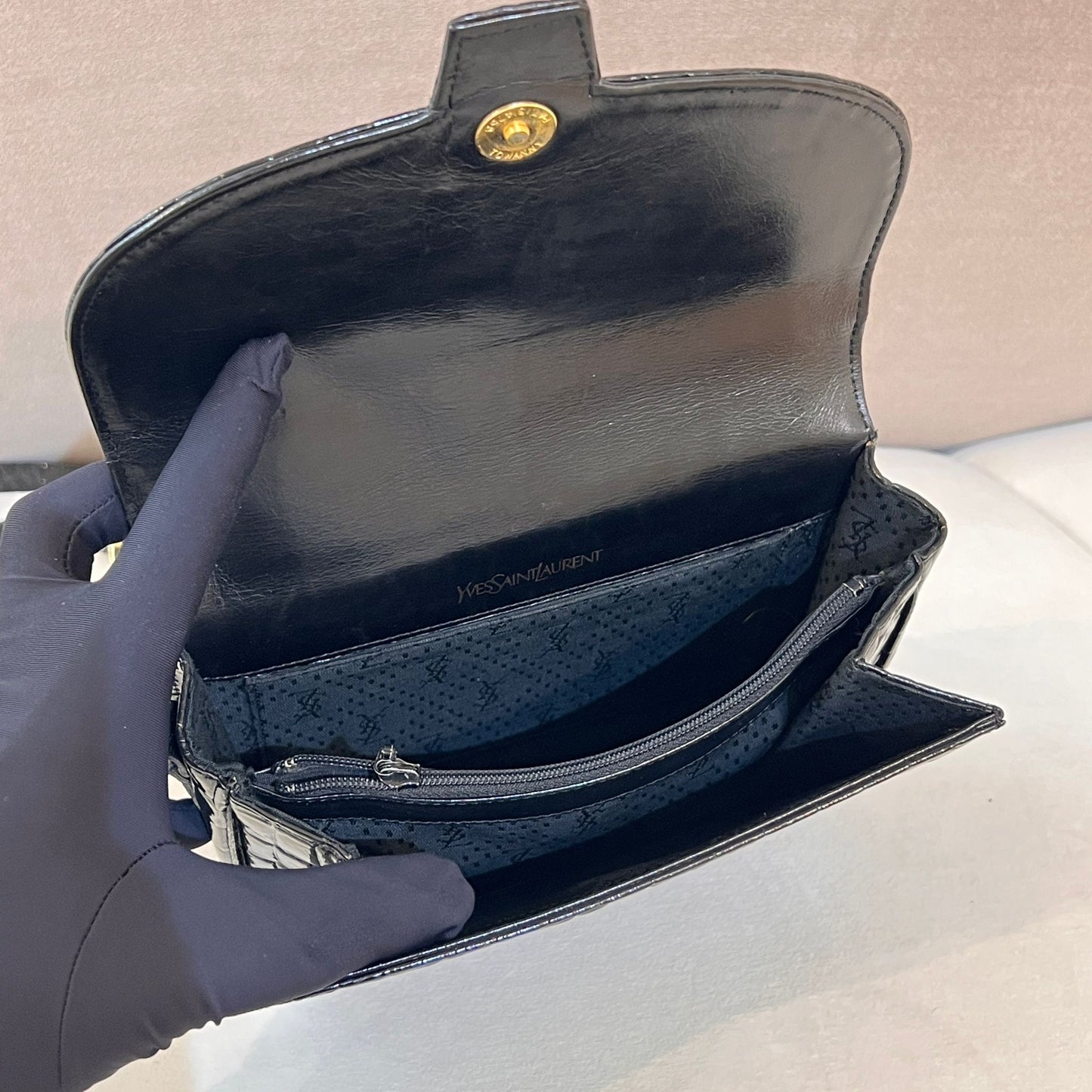 Yves Saint Laurent Vintage Crocodile-Embossed Black Shoulder Bag