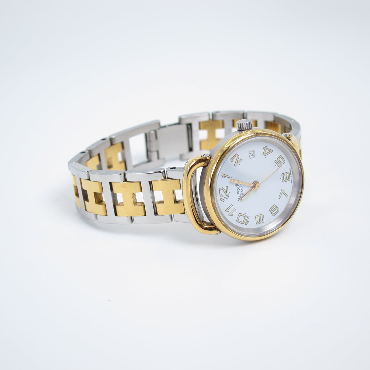 Hermes Vintage Pullman White Face with Date and H Bracelet Two Tone Watch
