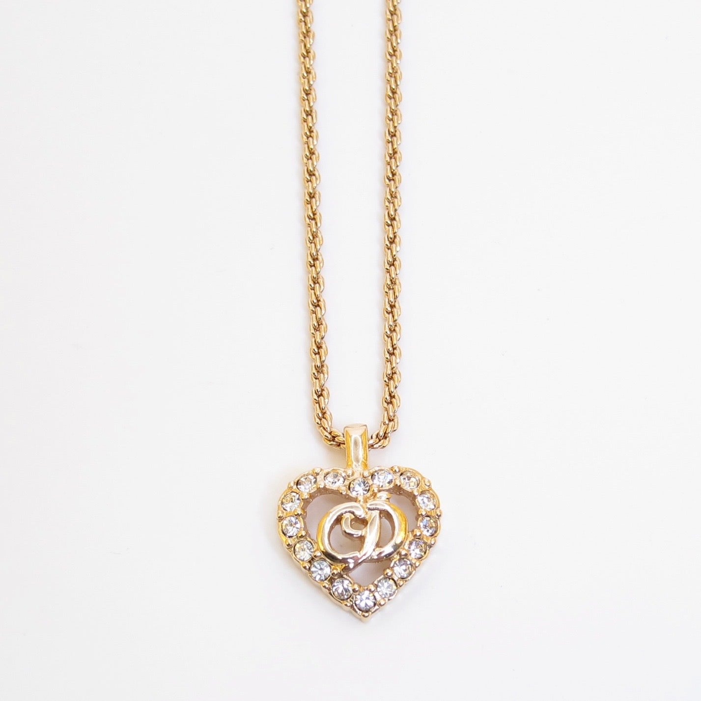 Christian Dior Vintage CD Logo in Heart with Rhinestone Golden Necklace