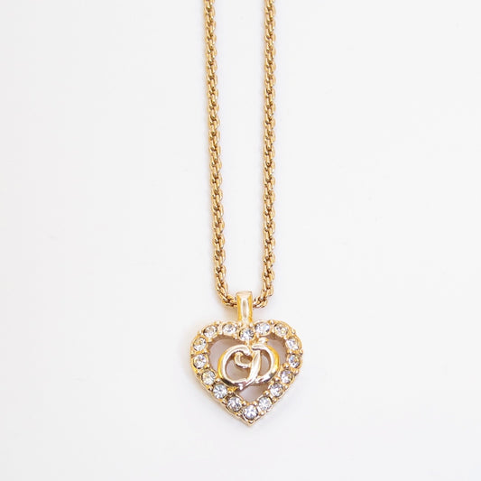 Christian Dior Vintage CD Logo in Heart with Rhinestone Golden Necklace
