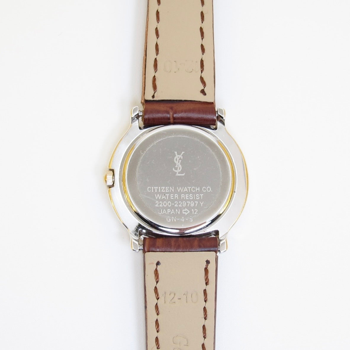 Yves Saint Laurent Vintage Round White Face with Brown Leather Strap Two Tone Watch