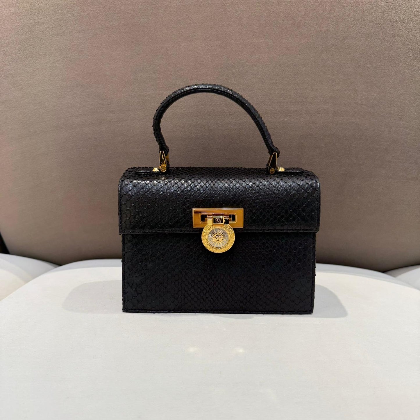 Versace Vintage Black Python Textured Top Handle Handbag