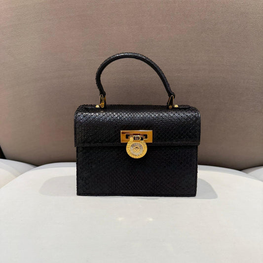 Versace Vintage Black Python Textured Top Handle Handbag
