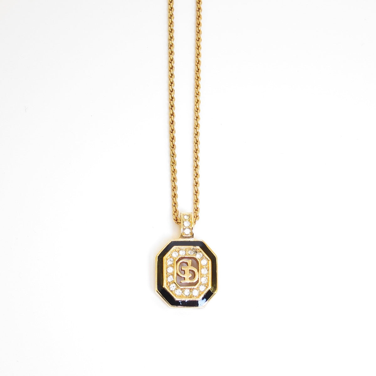 Christian Dior Vintage Octagon Black Enamel Rhinestone CD Logo Gold-Tone Necklace, 43cm