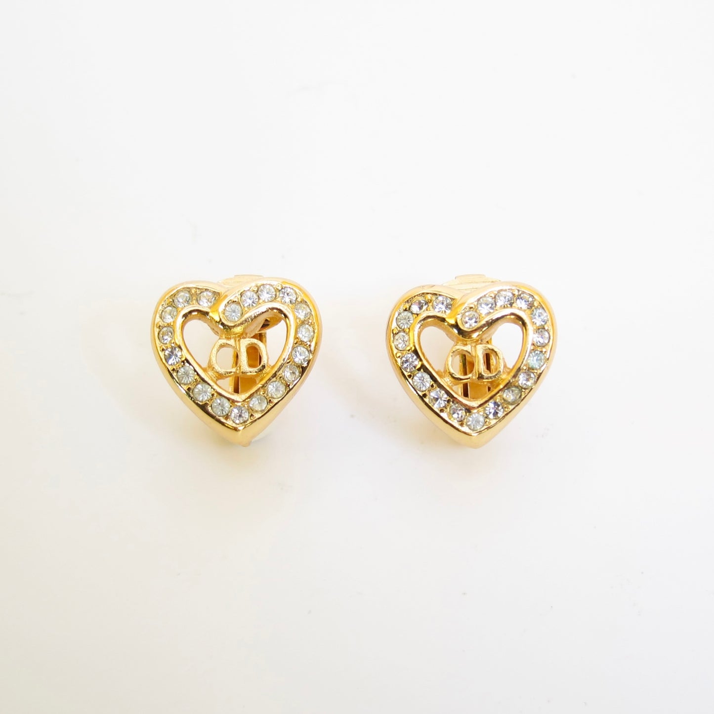 Christian Dior Vintage CD Logo in Heart with Rhinestone Golden Clip-on Earrings