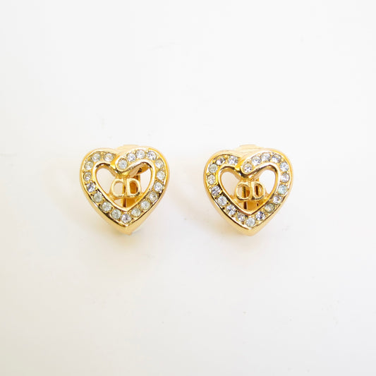 Christian Dior Vintage CD Logo in Heart with Rhinestone Golden Clip-on Earrings