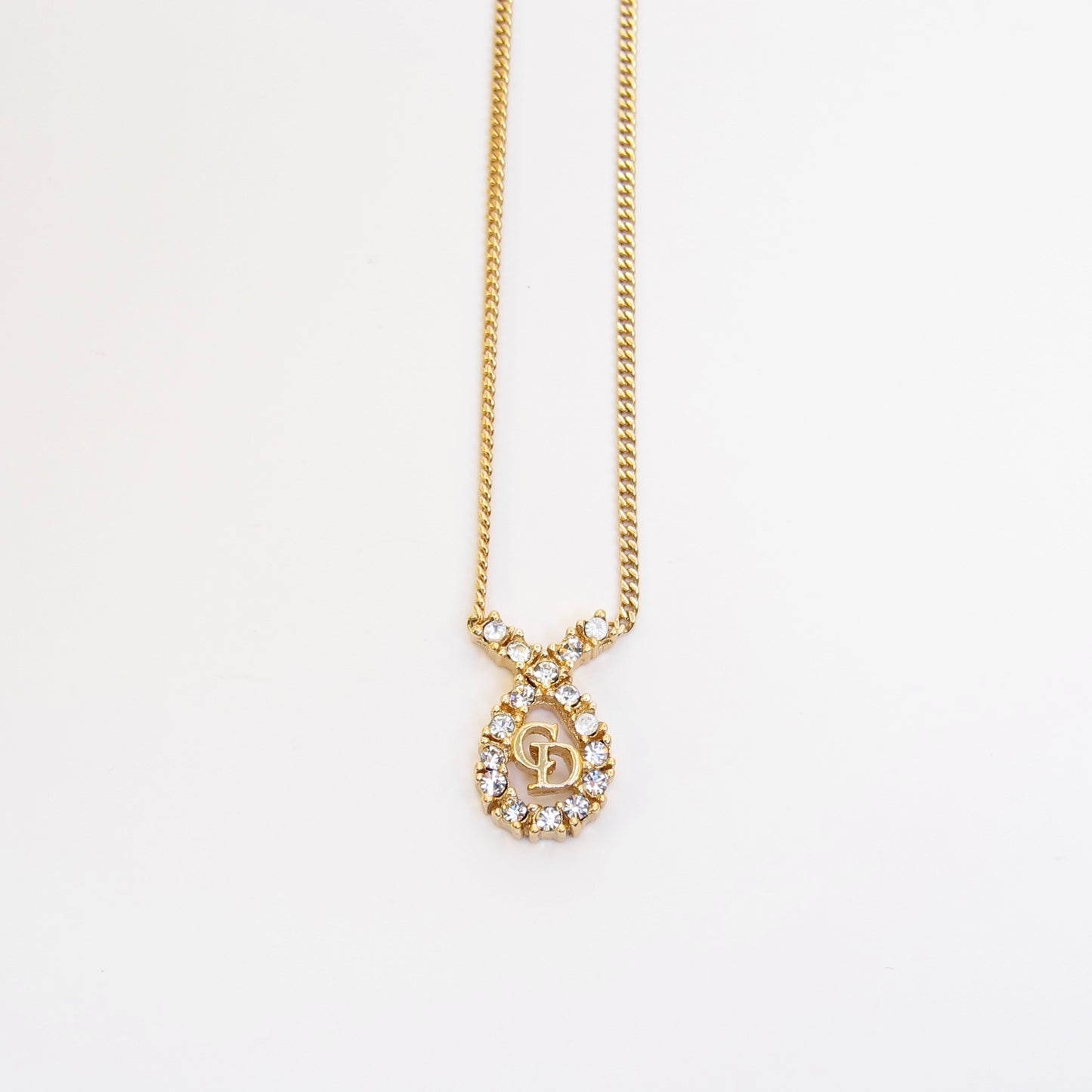 Christian Dior Vintage CD Logo in Drop Shape with Rhinestone Golden Necklace