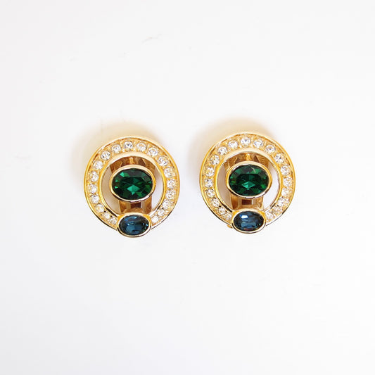 Christian Dior 復古圓形多色寶石金色夾式耳環