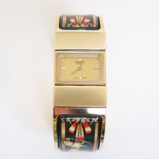 Hermes Vintage Loquet Golden Face Green Cloisonne Enamel Bangle Watch