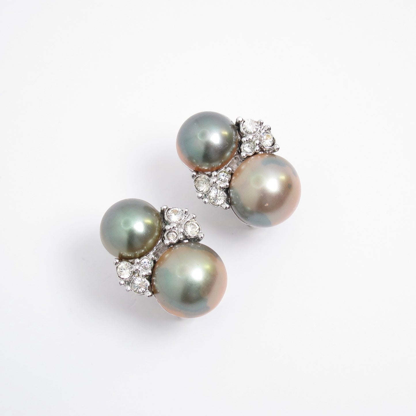 Christian Dior Vintage Grey Pearl and Rhinestone Silver Clip-on Earrings