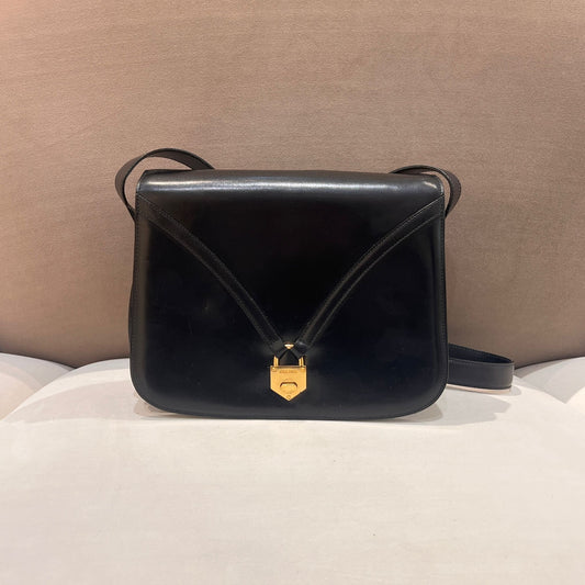 Celine Vintage Black Leather Turn Lock Shoulder Bag