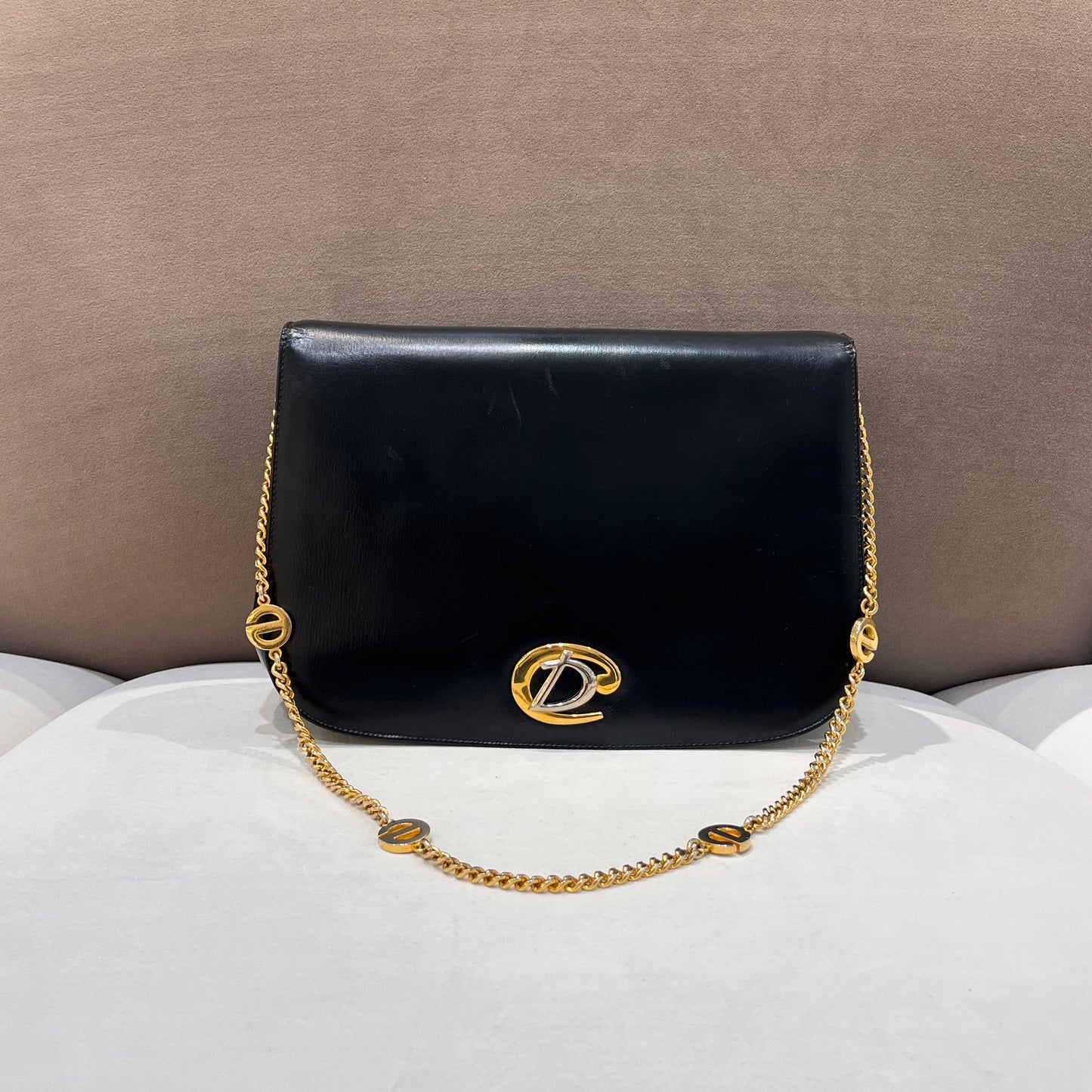 Christian Dior 復古黑色皮革 CD 標誌鏈條單肩包