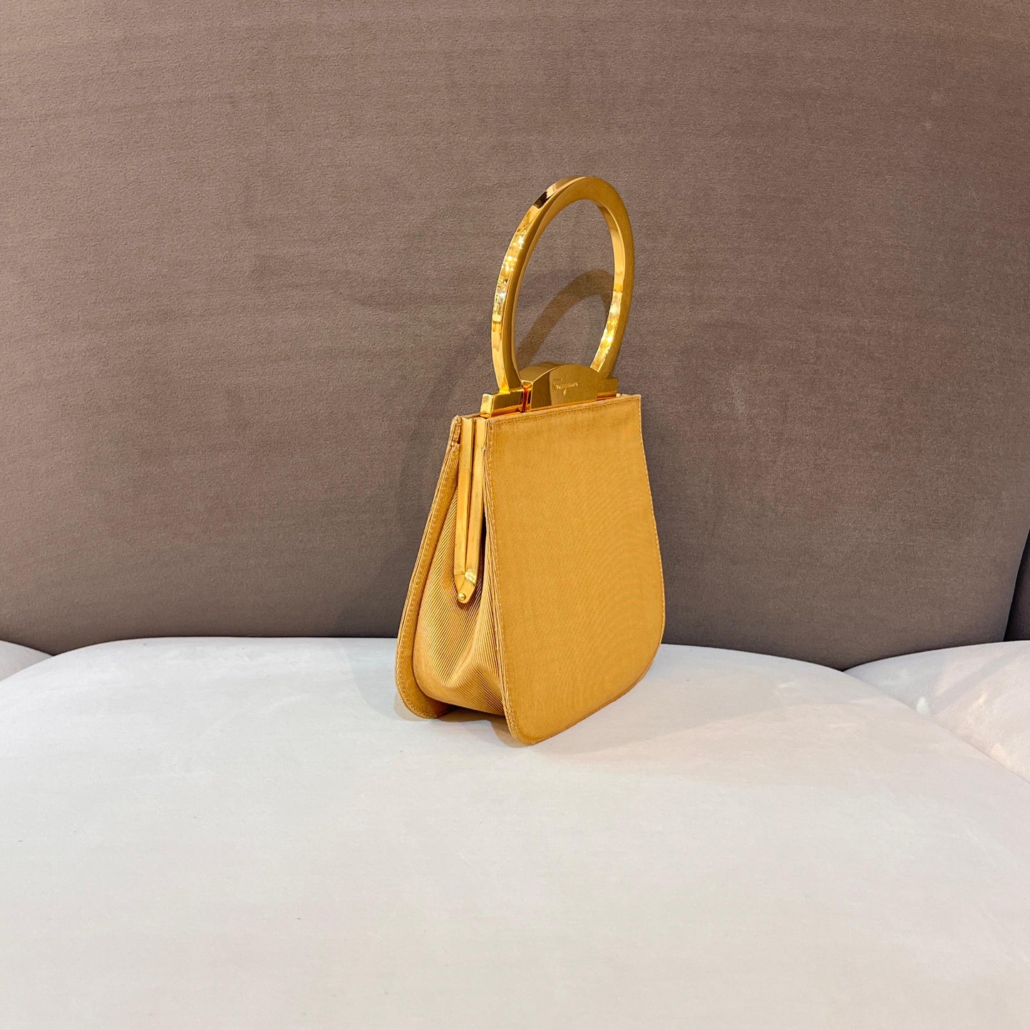 Ferragamo Vintage Gancini Gold Satin Top Handle Bag