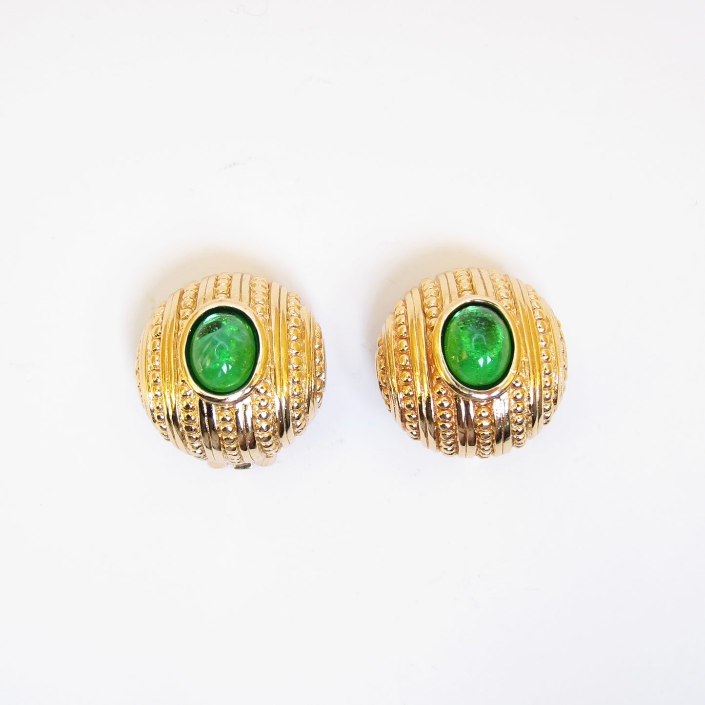 Christian Dior Vintage Green Color Stone Round Shaped Golden Clip-on Earrings
