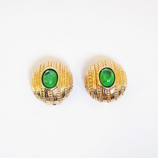 Christian Dior Vintage Green Color Stone Round Shaped Golden Clip-on Earrings