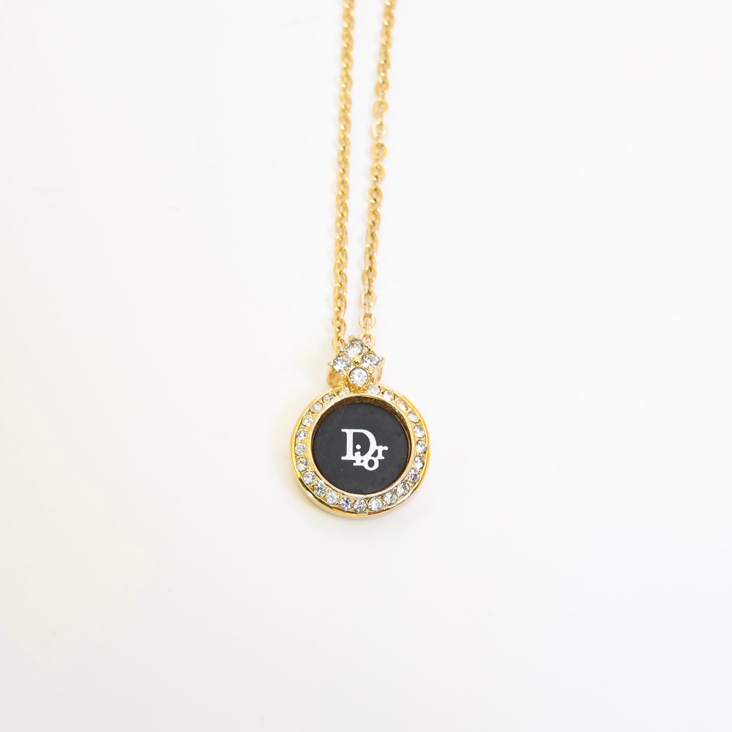 Christian Dior Vintage Dior Logo on Black Circle with Rhinestone Golden Necklace