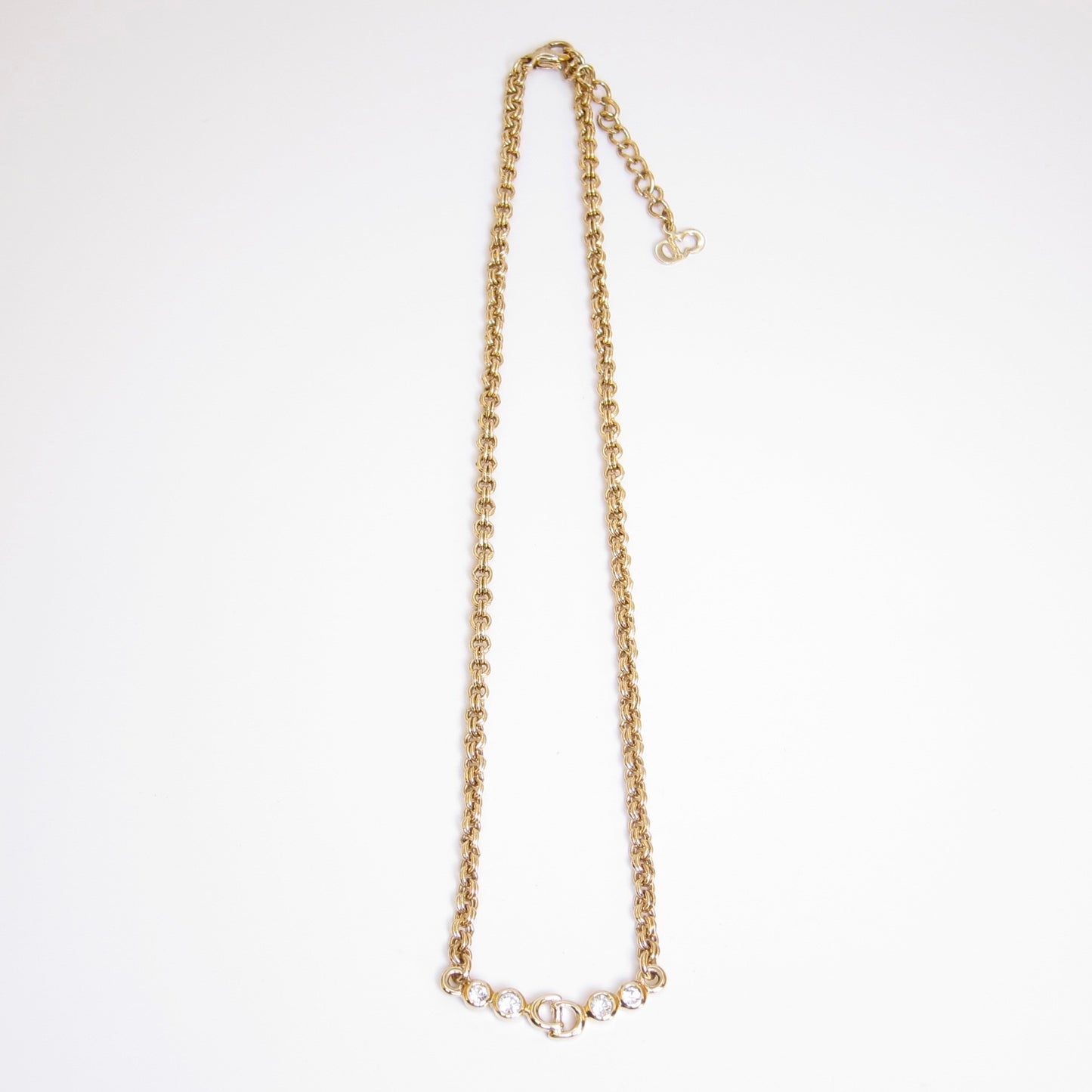 Christian Dior Vintage CD Logo and Rhinestone Golden Necklace