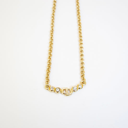 Christian Dior Vintage CD Logo and Rhinestone Golden Necklace