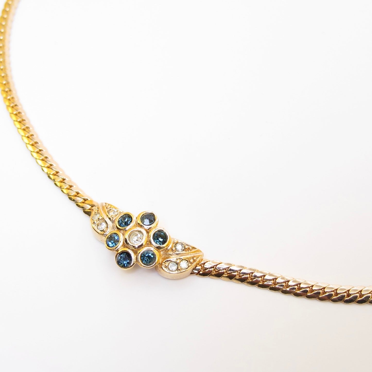 Christian Dior Vintage Flower Motif Blue and Rhinestone Golden Necklace