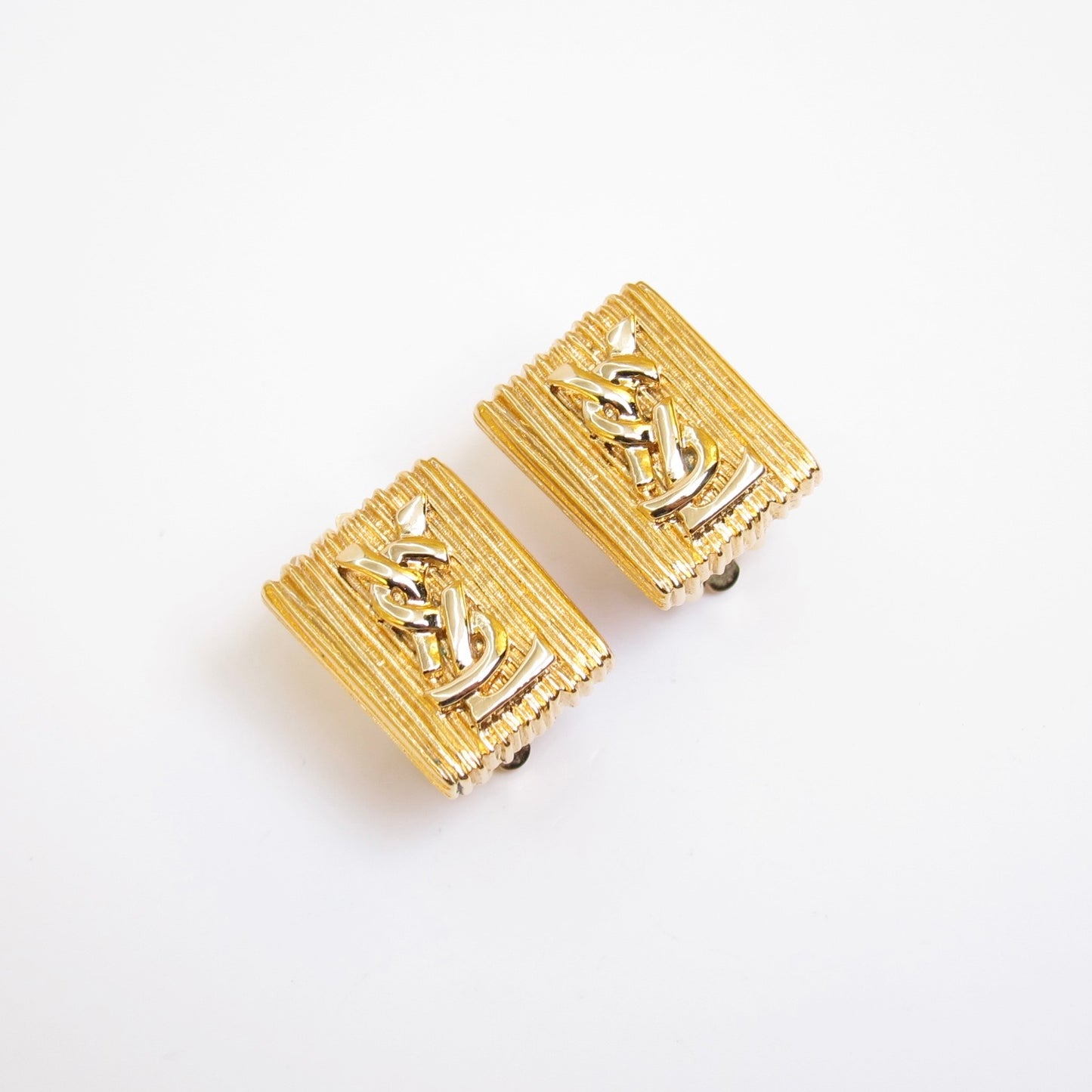 Yves Saint Laurent Vintage Ysl Logo Rectangle Golden Clip-on Earrings