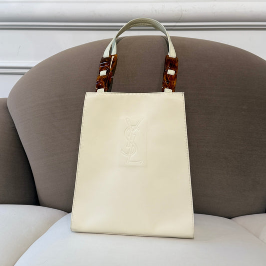 Yves Saint Laurent Vintage Embossed Logo Tortoise Shell White Leather Bag