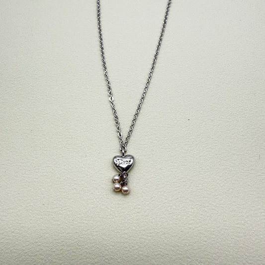 Christian Dior Vintage Dior Logo on Heart with Pearl Silver Necklace