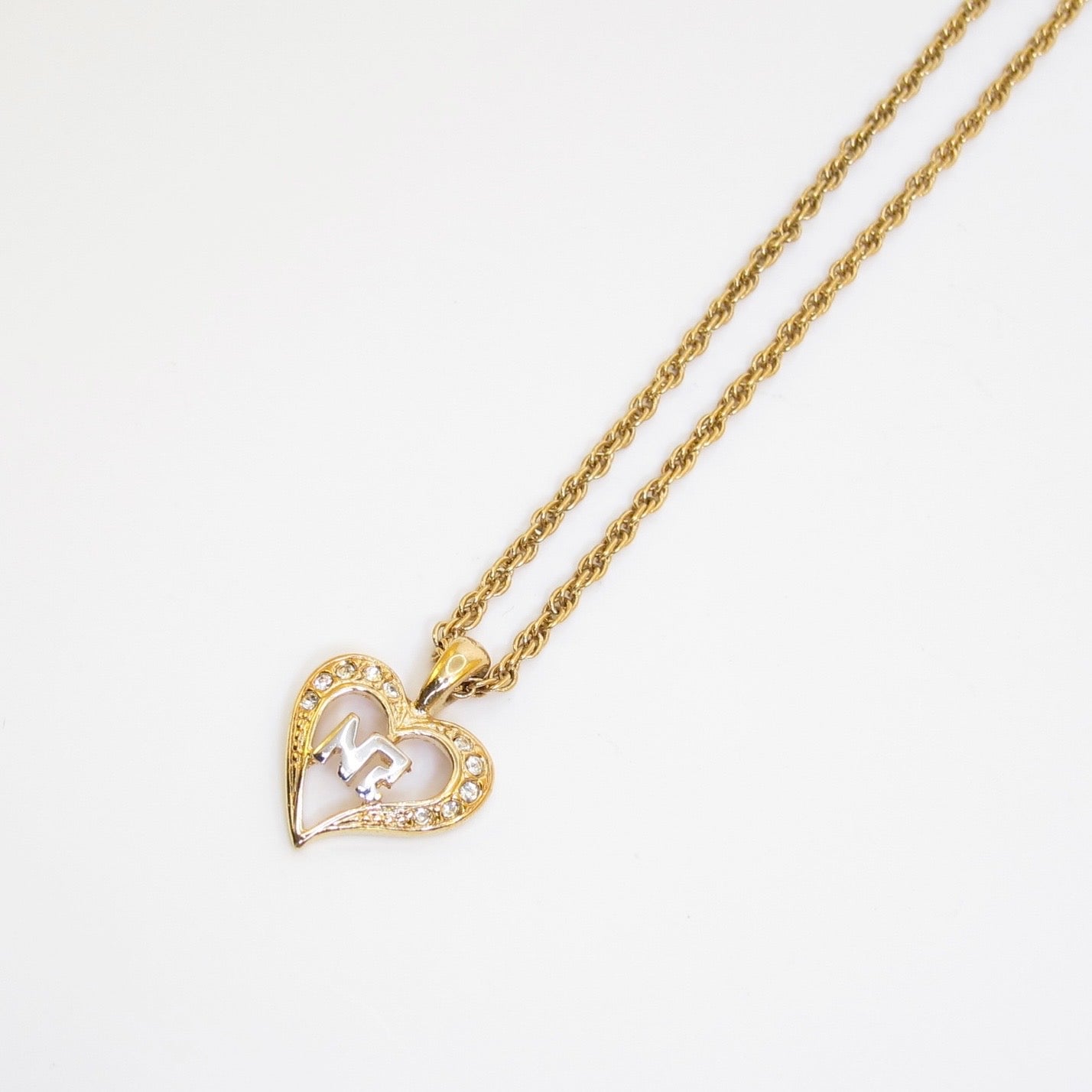 Nina Ricci Vintage NR Logo in Heart with Rhinestone Golden Necklace