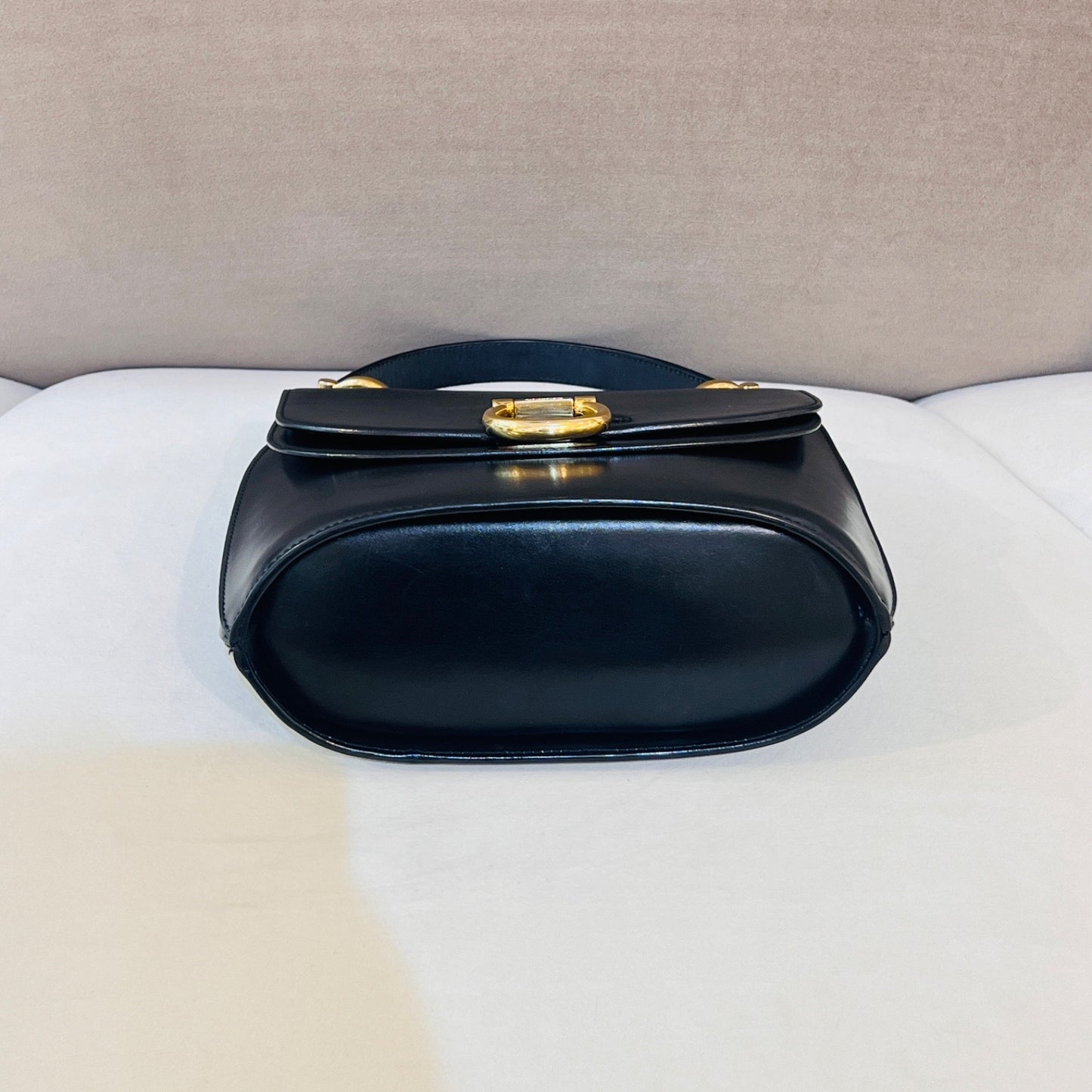 Celine Vintage Black Leather Gancini Closure Top Handle Bag