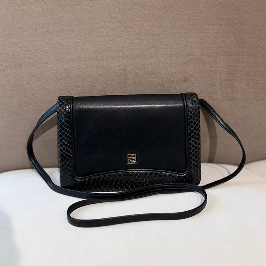 Givenchy Vintage Black Leather Shoulder Bag With Python Trim And Mini Anagram Logo