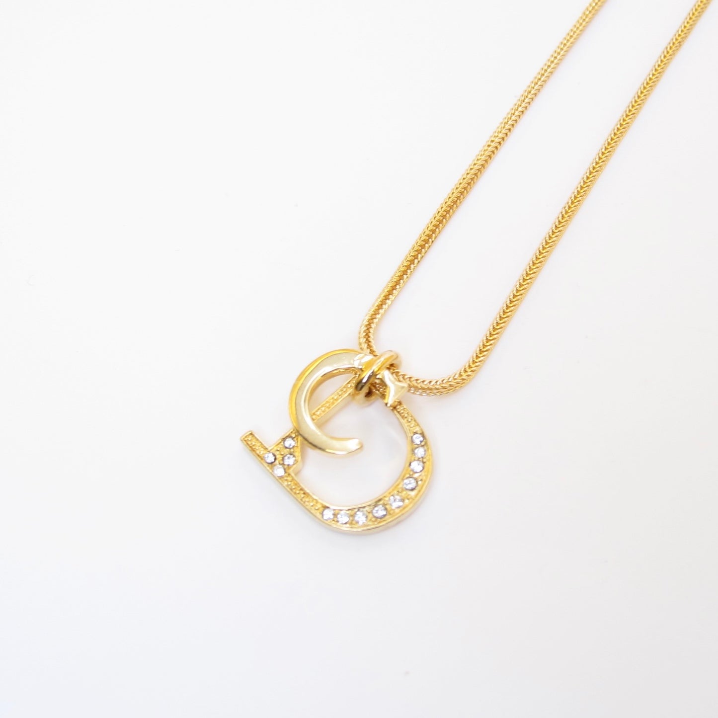 Christian Dior Vintage CD Logo with Rhinestone Golden Necklace