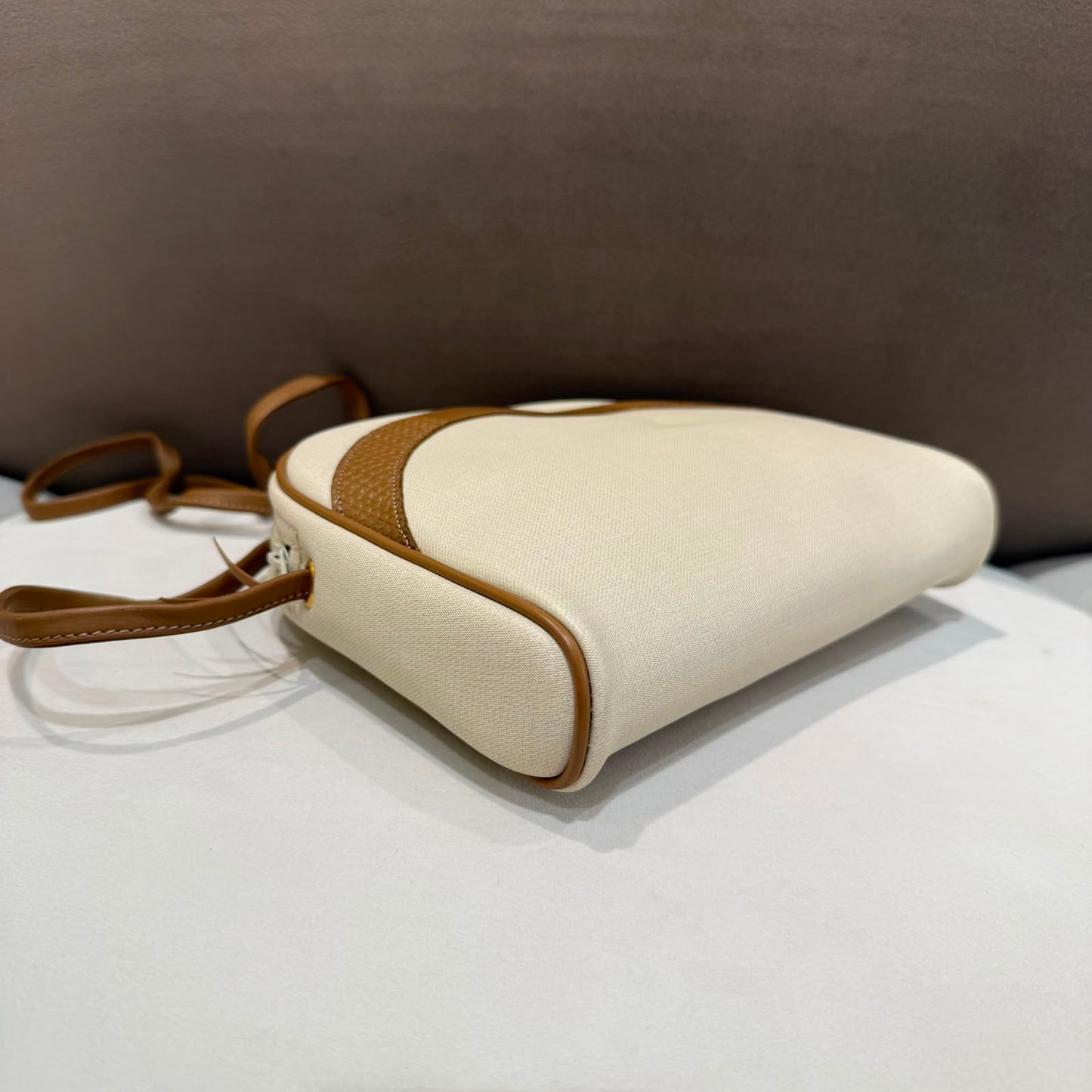 Christian Dior Vintage Ivory Canvas Tan Leather Shoulder Bag