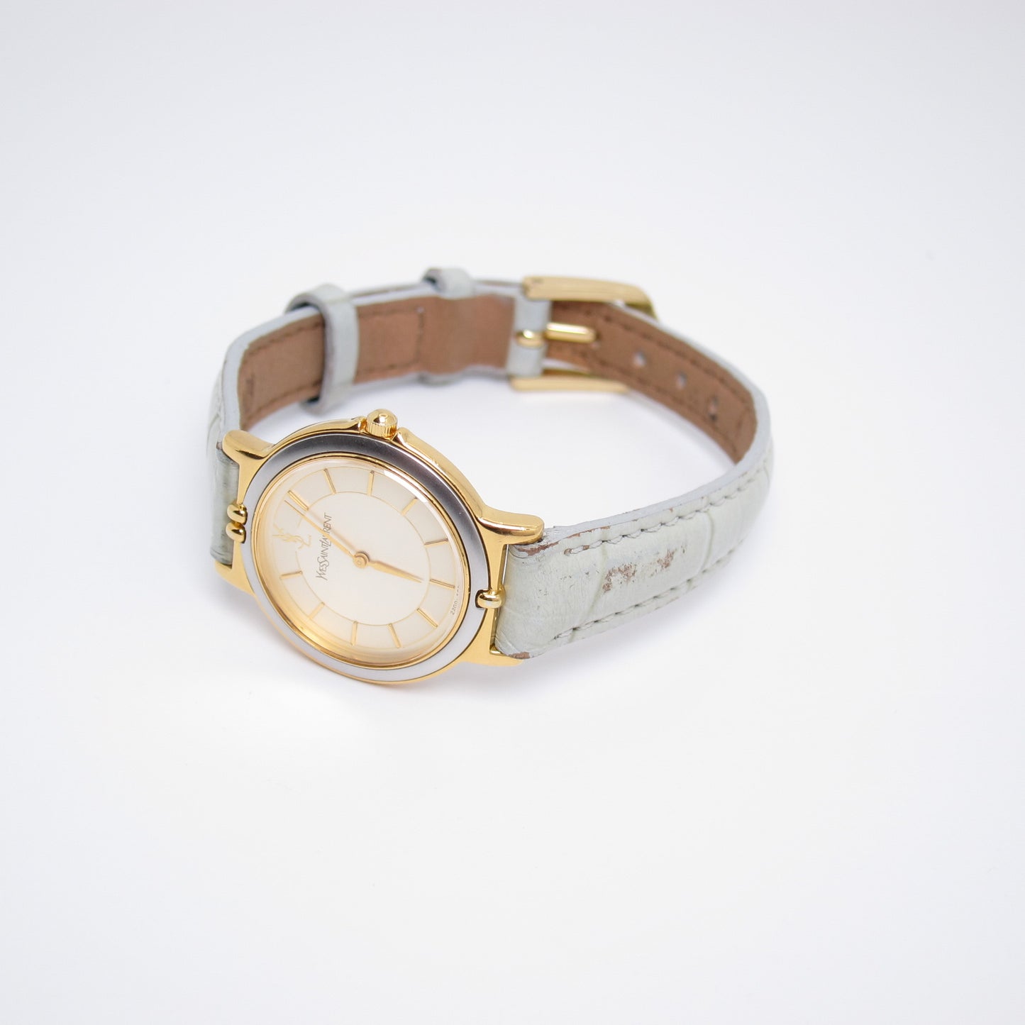 Yves Saint Laurent Vintage Round Champagne Face with Leather Strap Watch