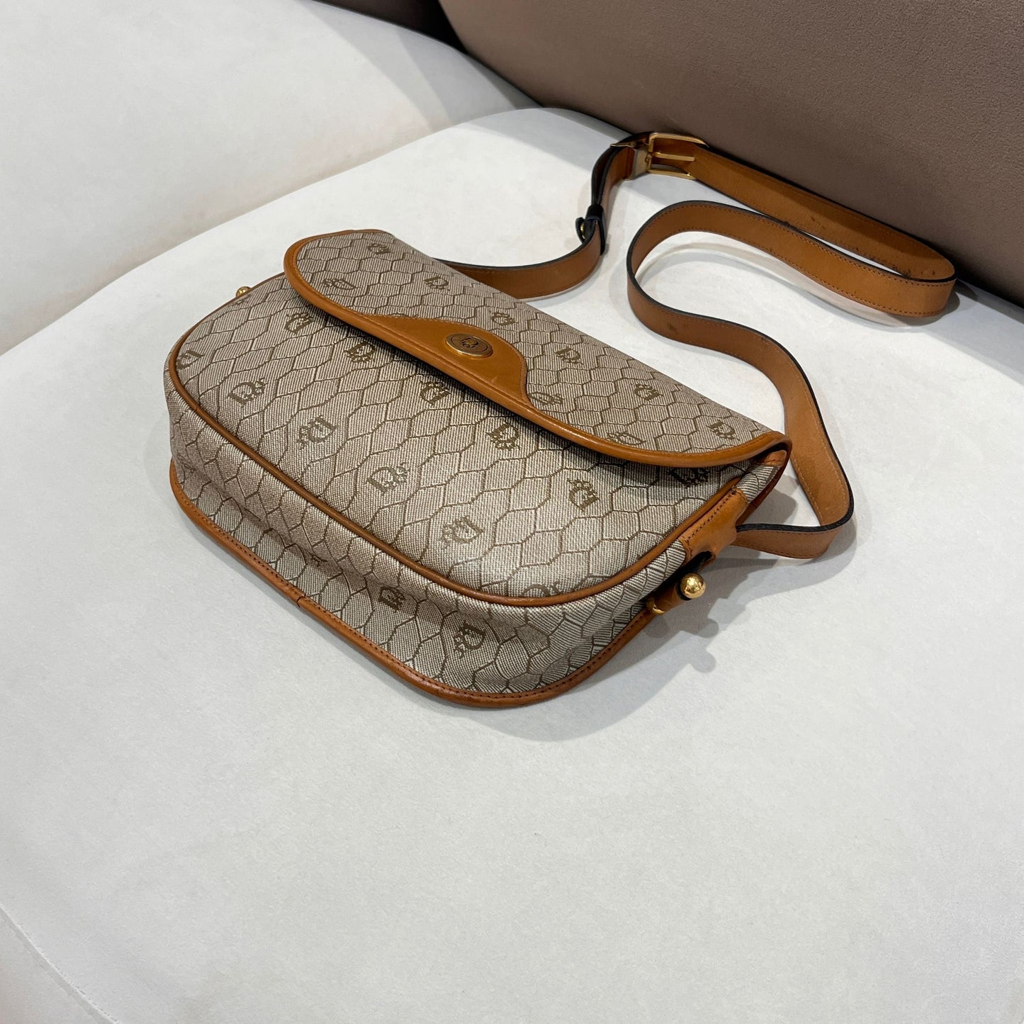 Christian Dior Vintage Honeycomb Monogram Canvas Beige Crossbody Shoulder Bag