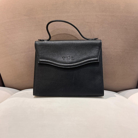 Yves Saint Laurent Vintage Ysl Logo Black Leather Top Handle Bag