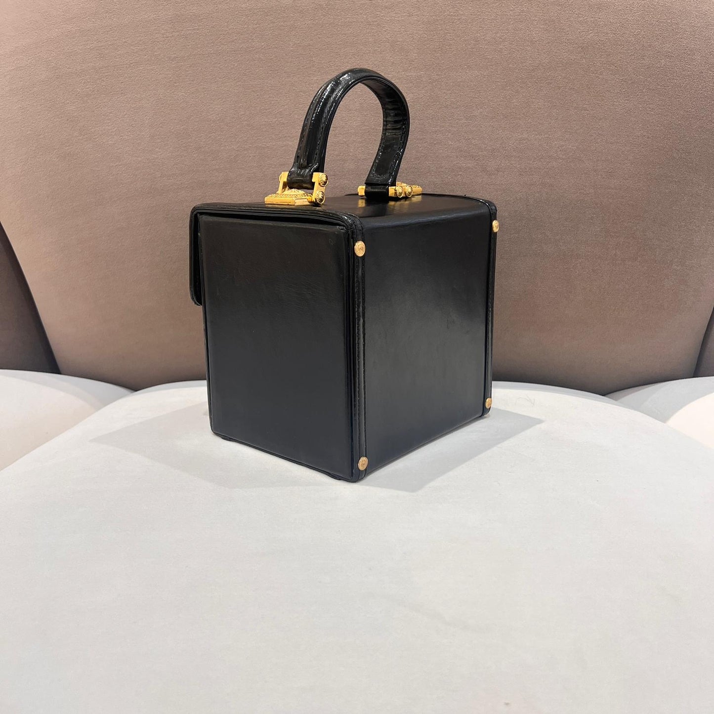 Versace Vintage Black Leather Medusa Vanity Handbag