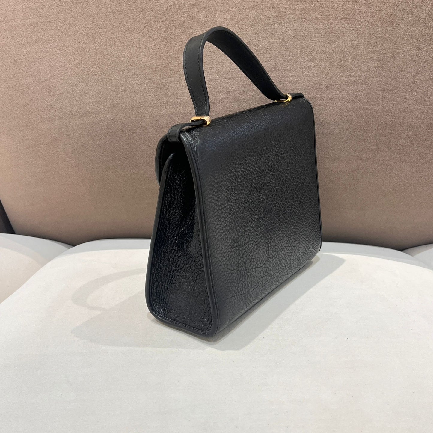 Christian Dior Vintage Black Grained Leather Top Handle Handbag With Oval Logo Clasp