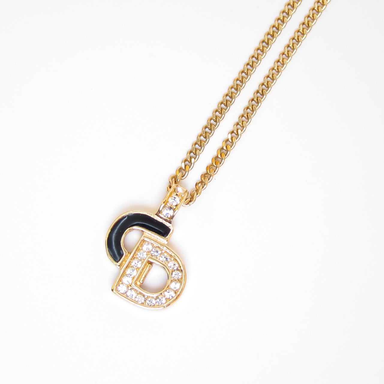 Christian Dior Vintage CD Logo Black and Rhinestone Golden Necklace