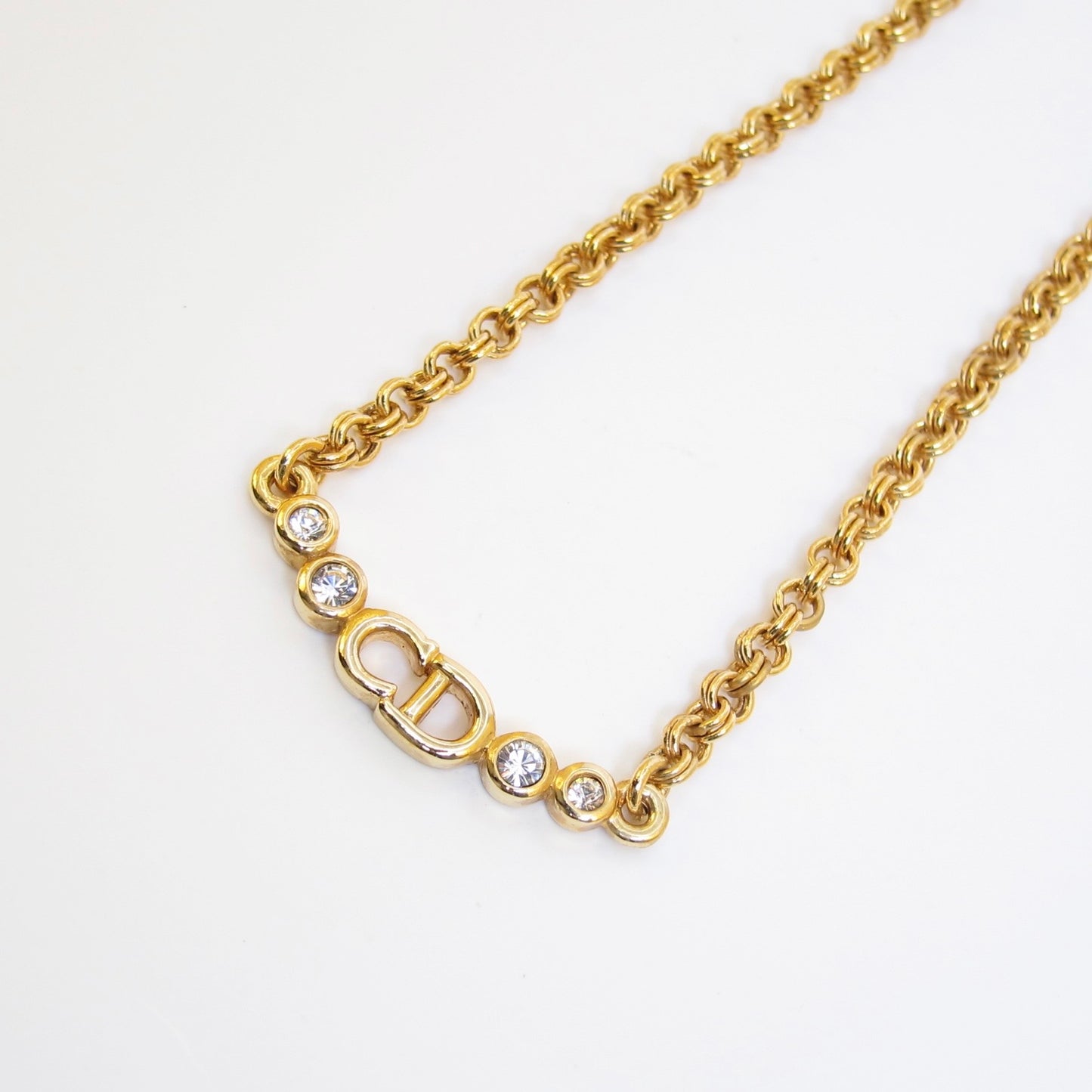 Christian Dior Vintage CD Logo and Rhinestone Golden Necklace