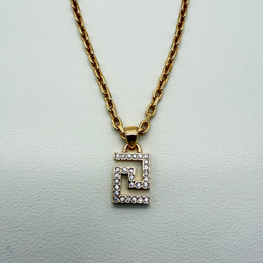 Versace Vintage Greca Pendant with Rhinestone Golden Necklace