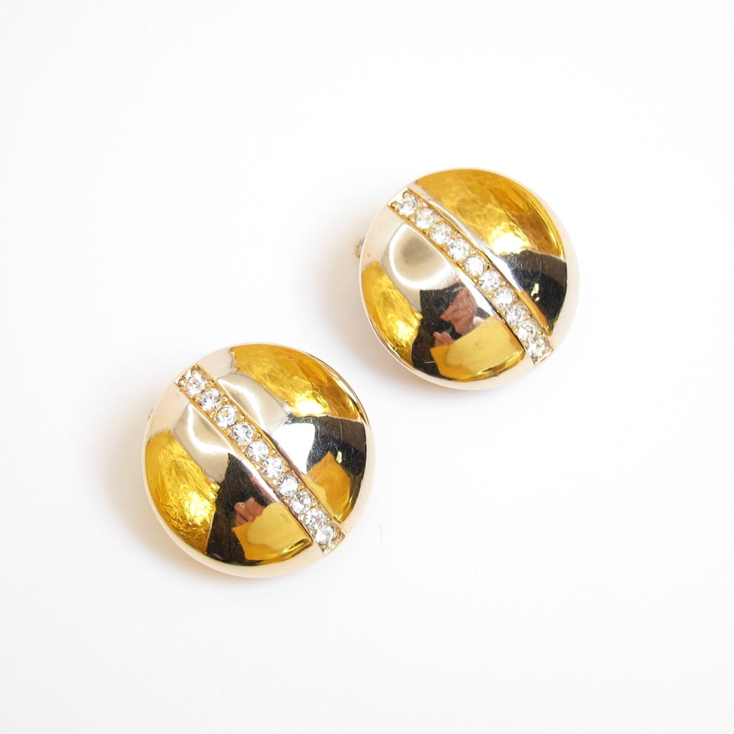 Christian Dior Vintage Round Shaped with Rhinestone Golden Clip-on Earrrings