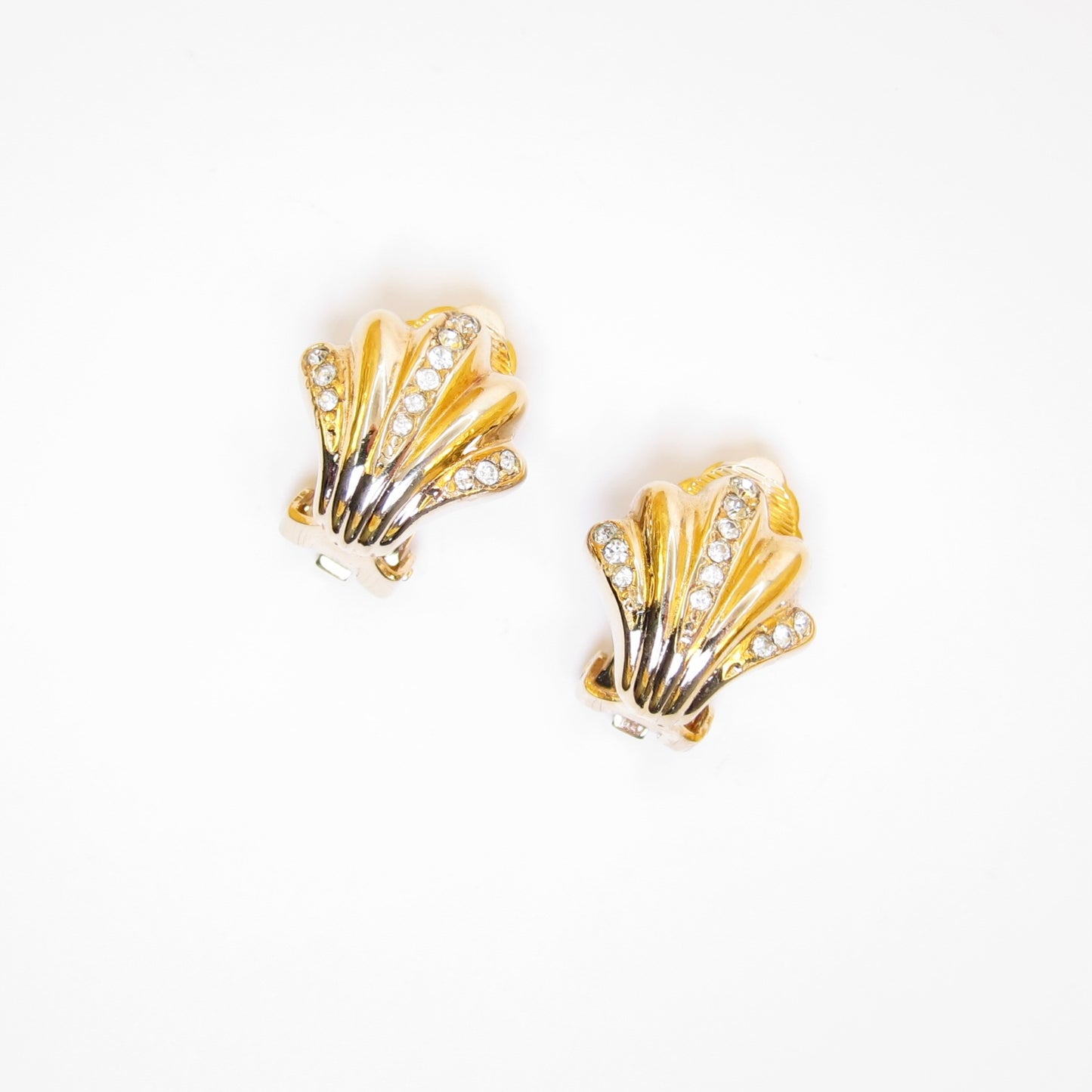 Christian Dior Vintage Shell Motif with Rhinestone Golden Clip-on Earrings