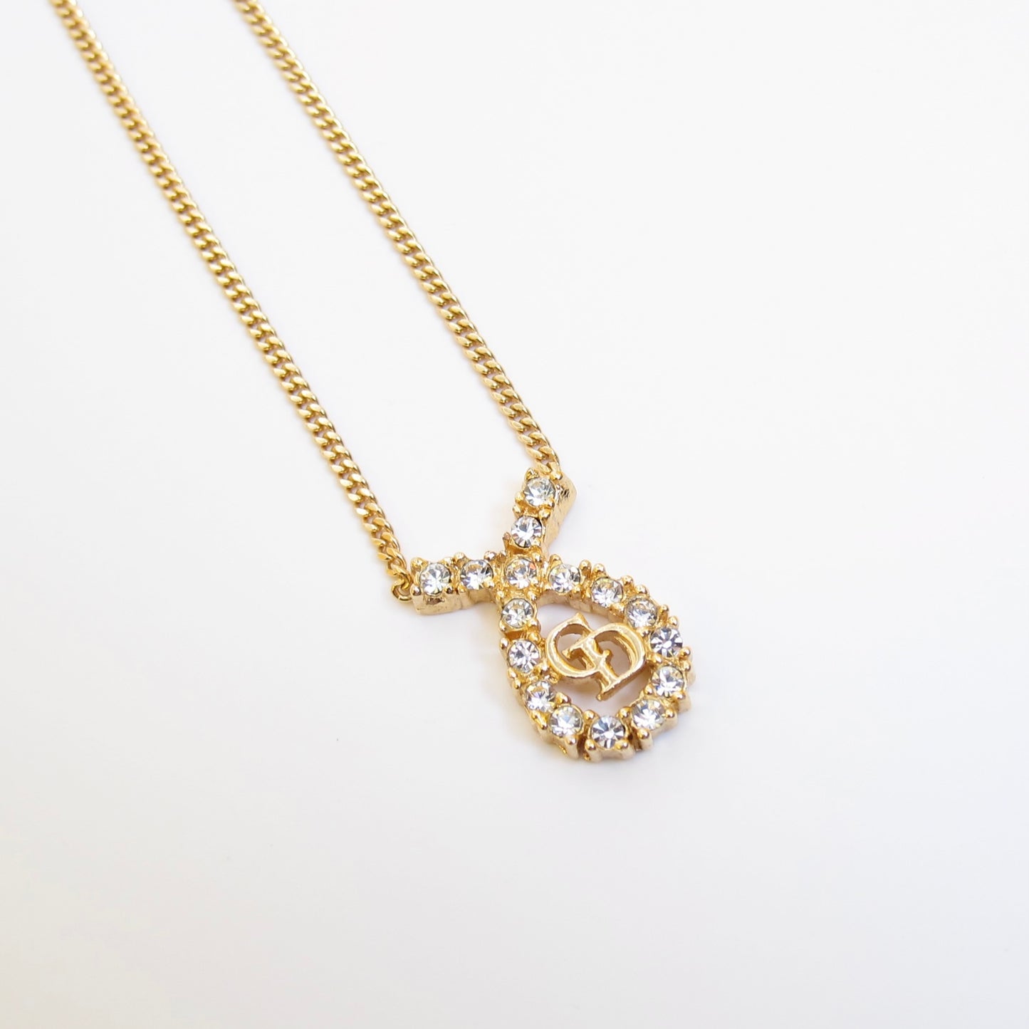 Christian Dior Vintage CD Logo in Drop Shape with Rhinestone Golden Necklace