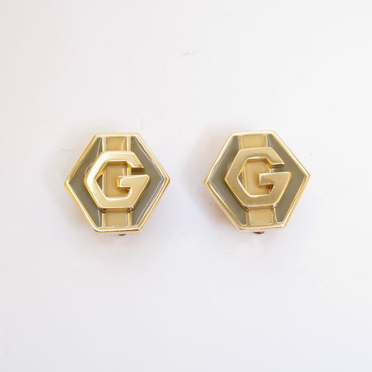 Givenchy Vintage G Logo on Hexagon Grey and Beige Golden Clip-on Earrings