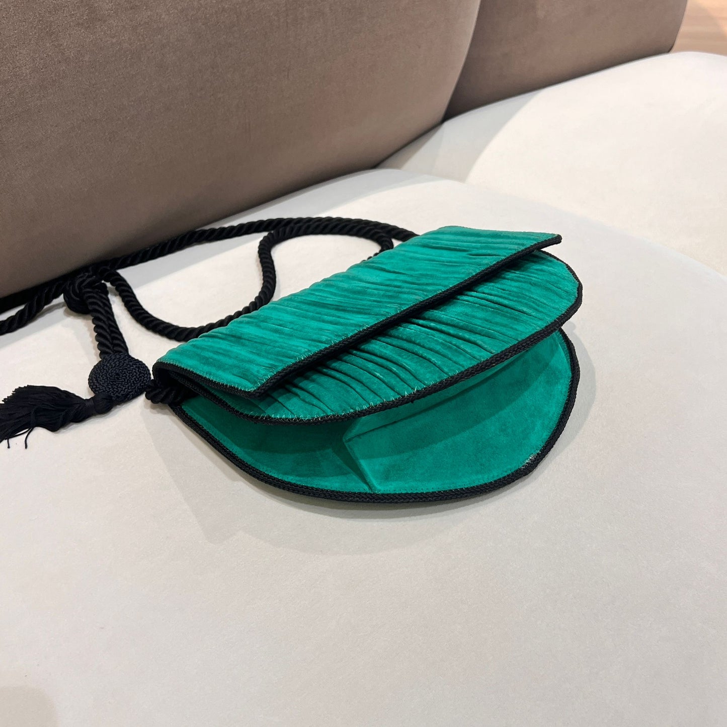 Christian Dior Vintage Emerald Pleated Silk Half Moon Shoulder Bag