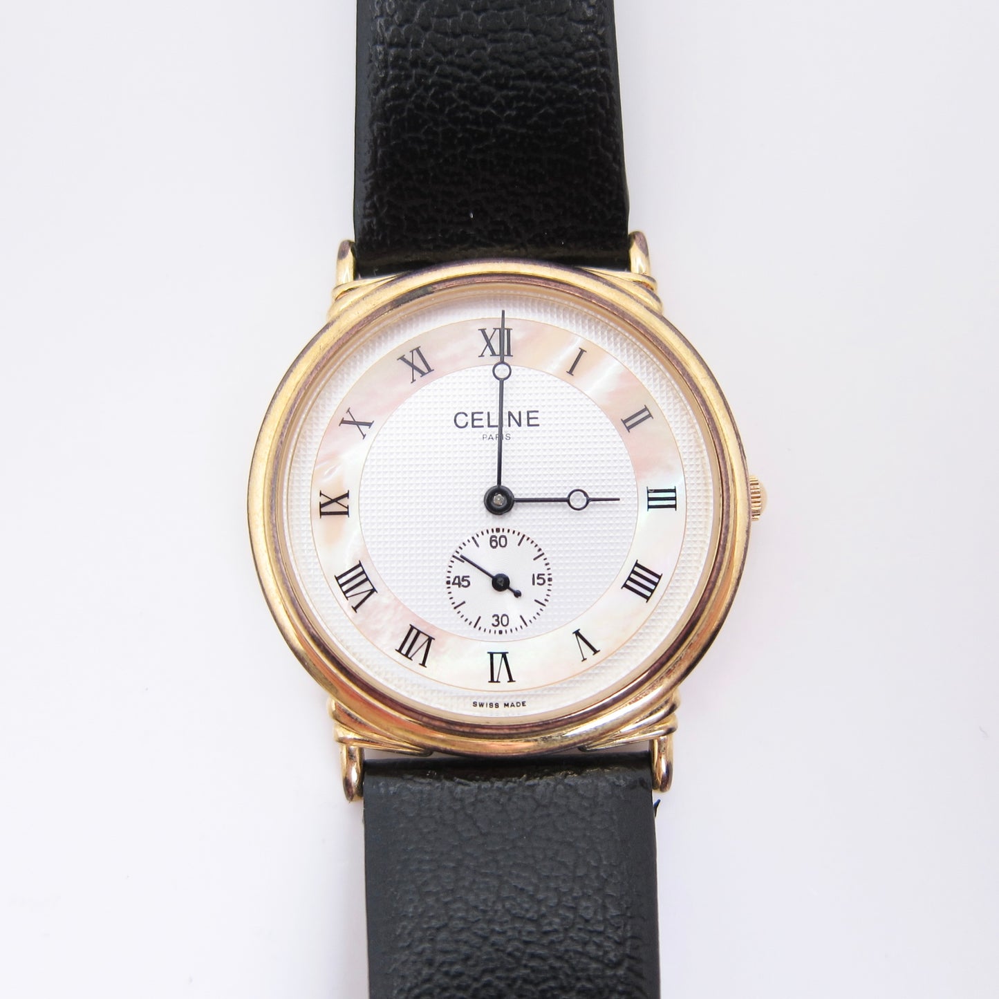 Celine Vintage Round White and Shell Pearl Face with Black Leather Strap Watch